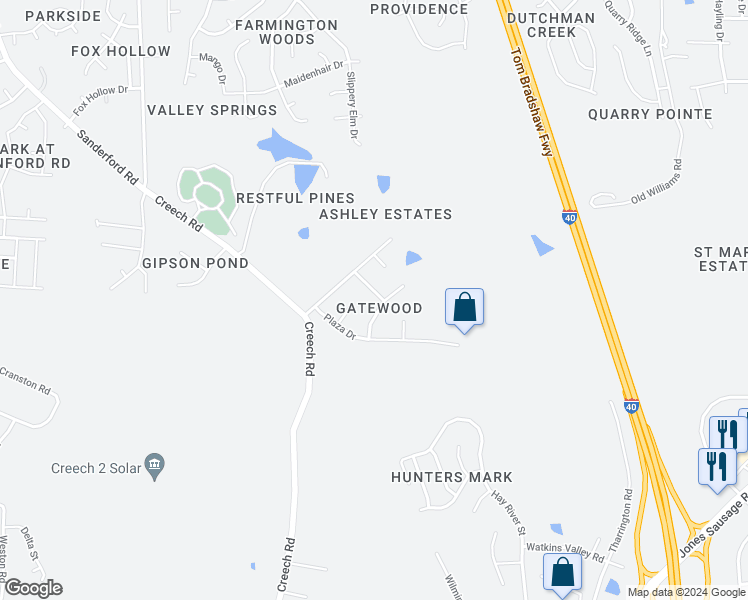 map of restaurants, bars, coffee shops, grocery stores, and more near 108 Forestwood Drive in Garner