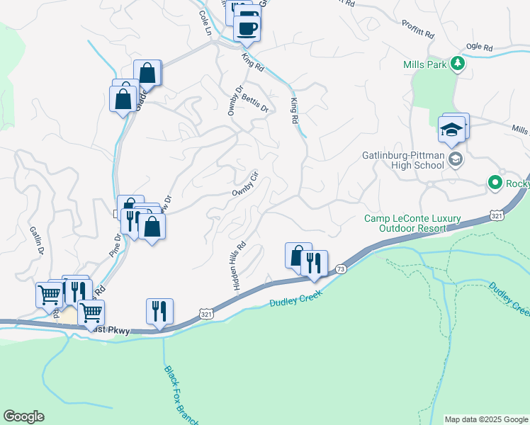 map of restaurants, bars, coffee shops, grocery stores, and more near 1704 Hidden Hills Road in Gatlinburg