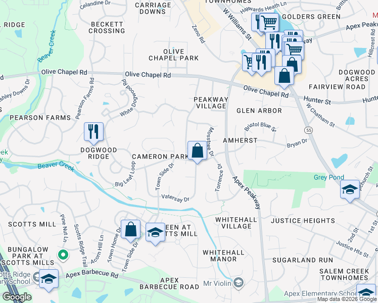 map of restaurants, bars, coffee shops, grocery stores, and more near 1808 White Dogwood Road in Apex