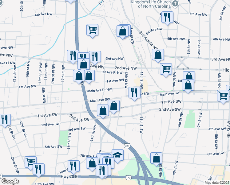map of restaurants, bars, coffee shops, grocery stores, and more near 1220 Main Avenue Northwest in Hickory