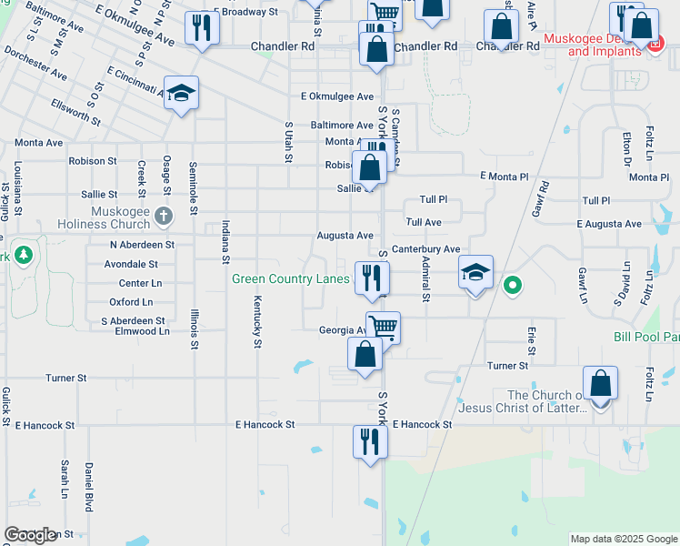 map of restaurants, bars, coffee shops, grocery stores, and more near 1102 South Virginia Street in Muskogee