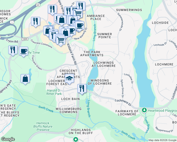 map of restaurants, bars, coffee shops, grocery stores, and more near in Cary