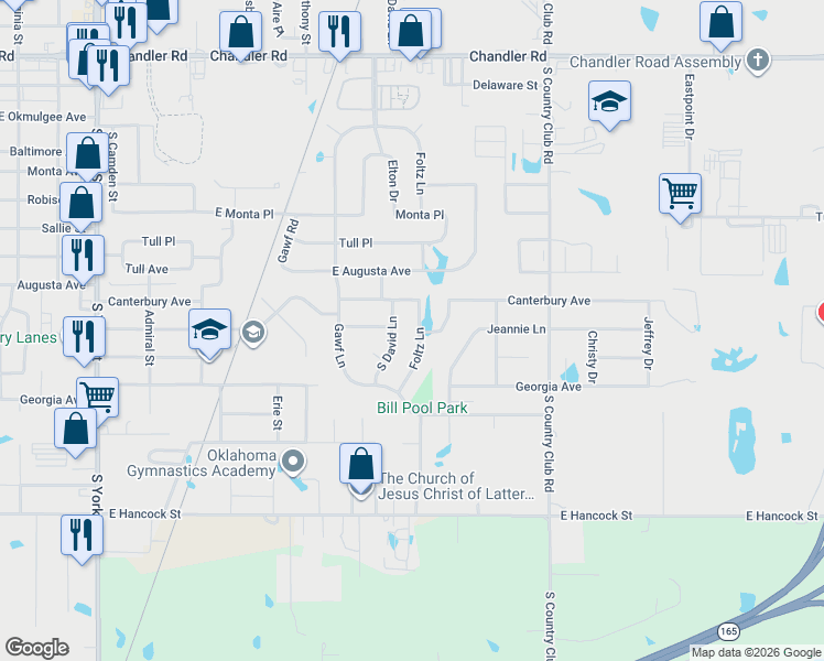 map of restaurants, bars, coffee shops, grocery stores, and more near 603 Foltz Lane in Muskogee