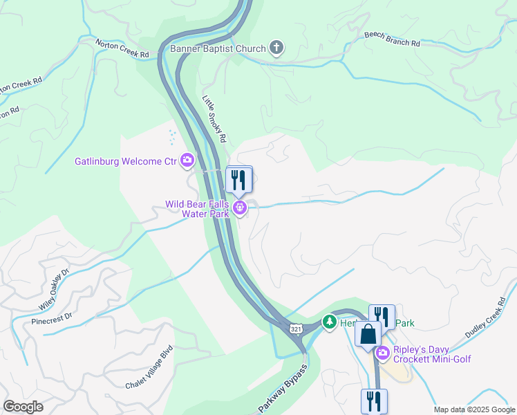 map of restaurants, bars, coffee shops, grocery stores, and more near 915 Westgate Way in Gatlinburg
