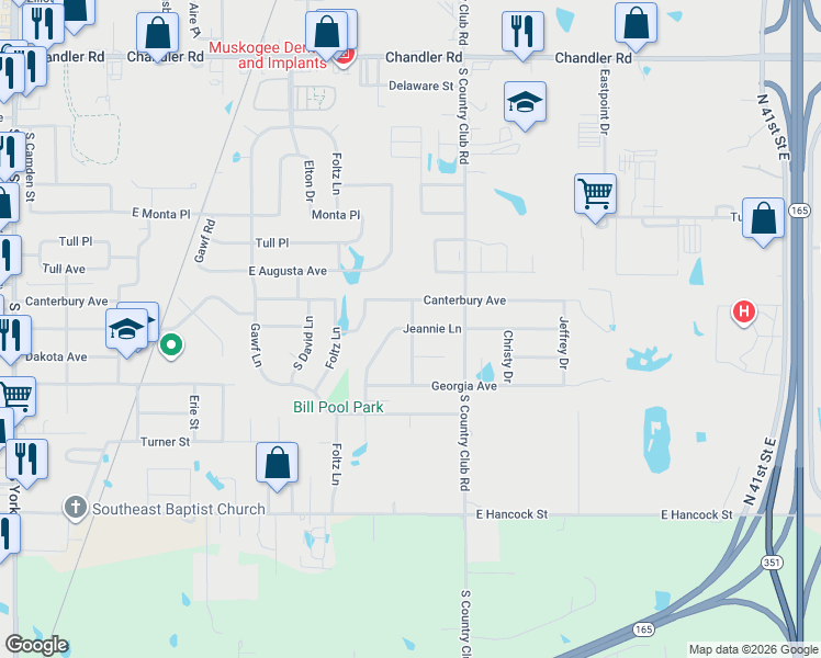 map of restaurants, bars, coffee shops, grocery stores, and more near 3303 Jeannie Lane in Muskogee