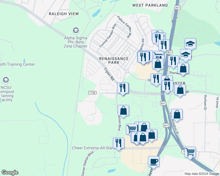 map of restaurants, bars, coffee shops, grocery stores, and more near 817 Cupola Drive in Raleigh