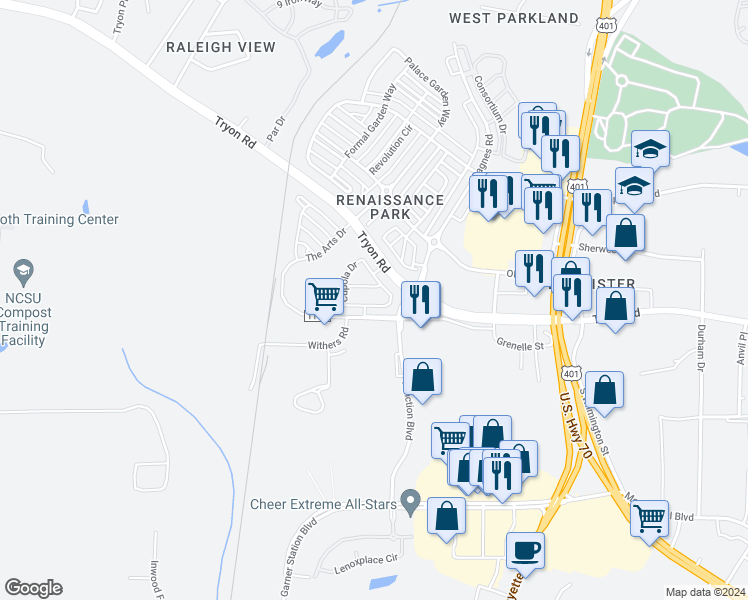 map of restaurants, bars, coffee shops, grocery stores, and more near 813 Cupola Drive in Raleigh