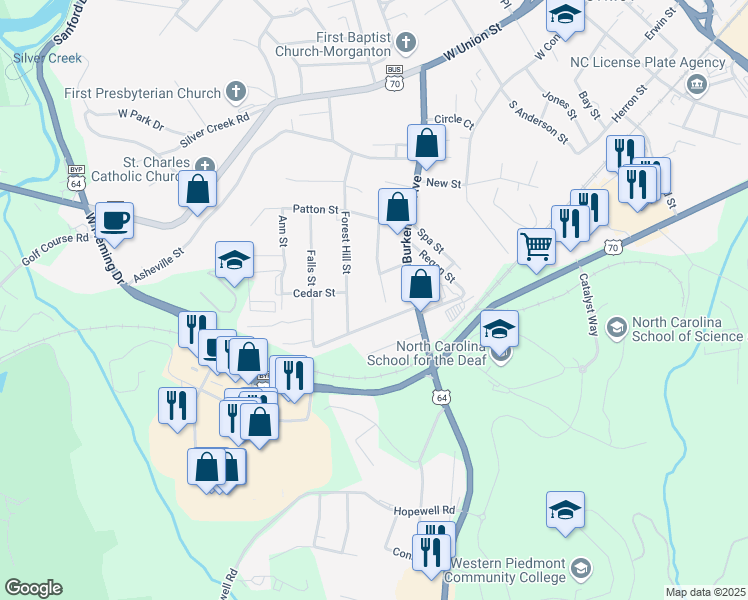 map of restaurants, bars, coffee shops, grocery stores, and more near 116 Edgewood Avenue in Morganton