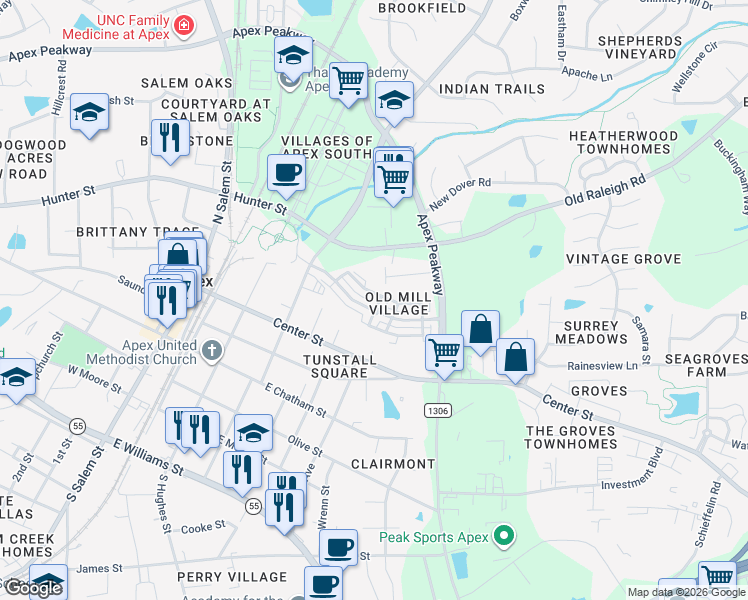 map of restaurants, bars, coffee shops, grocery stores, and more near 507 Old Mill Village Drive in Apex
