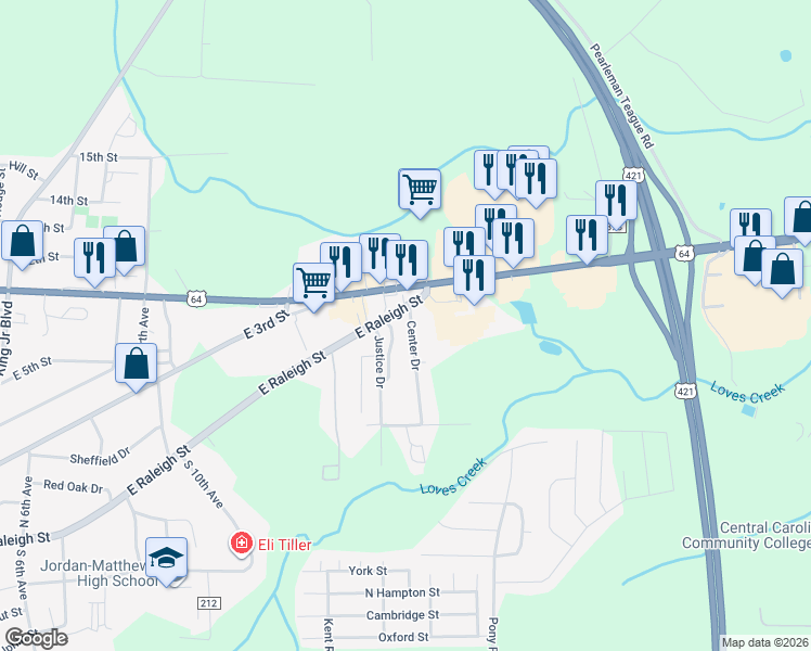 map of restaurants, bars, coffee shops, grocery stores, and more near 107 Center Drive in Siler City