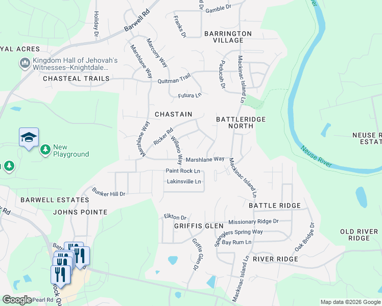 map of restaurants, bars, coffee shops, grocery stores, and more near 3734 Marshlane Way in Raleigh