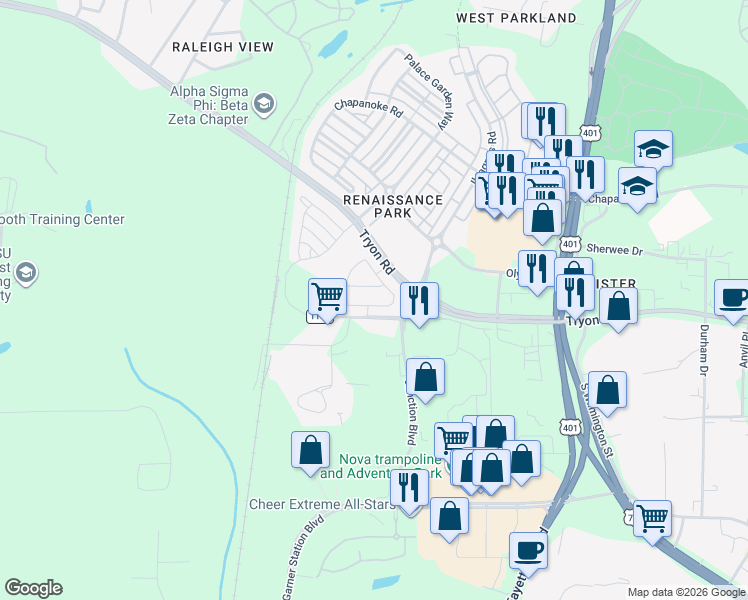 map of restaurants, bars, coffee shops, grocery stores, and more near 826 Cupola Drive in Raleigh