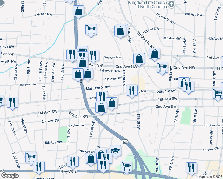 map of restaurants, bars, coffee shops, grocery stores, and more near 16 14th Street Northwest in Hickory