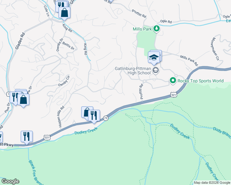 map of restaurants, bars, coffee shops, grocery stores, and more near 221 Woodland Road in Gatlinburg