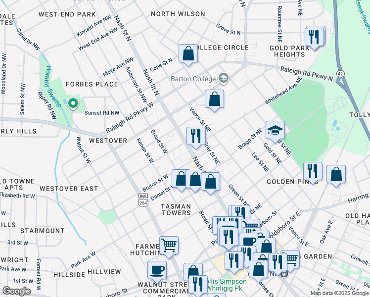 map of restaurants, bars, coffee shops, grocery stores, and more near 501 Nash St W in Wilson