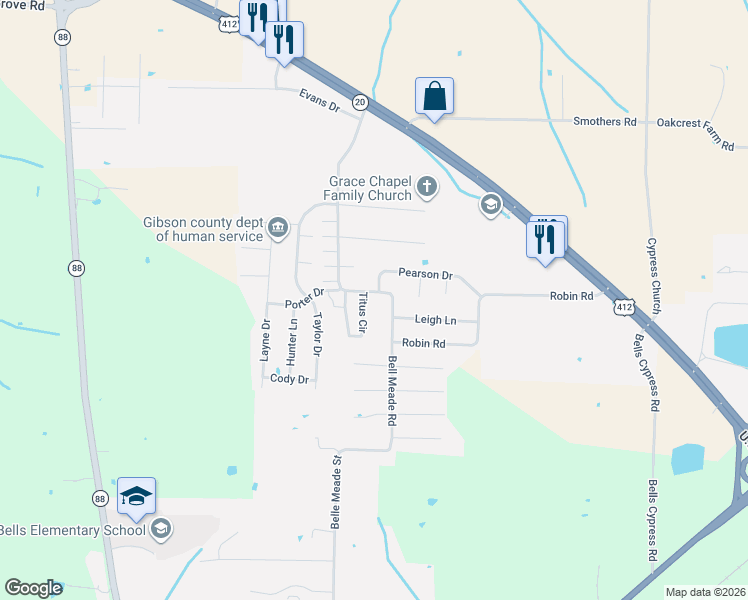 map of restaurants, bars, coffee shops, grocery stores, and more near 1171 Bell Meade Road in Bells