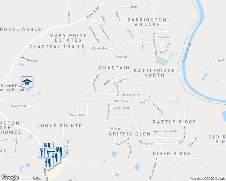 map of restaurants, bars, coffee shops, grocery stores, and more near 3617 Coulwood Court in Raleigh