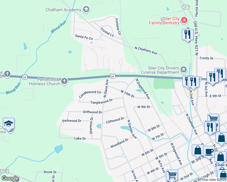 map of restaurants, bars, coffee shops, grocery stores, and more near 509 West 10th Street in Siler City