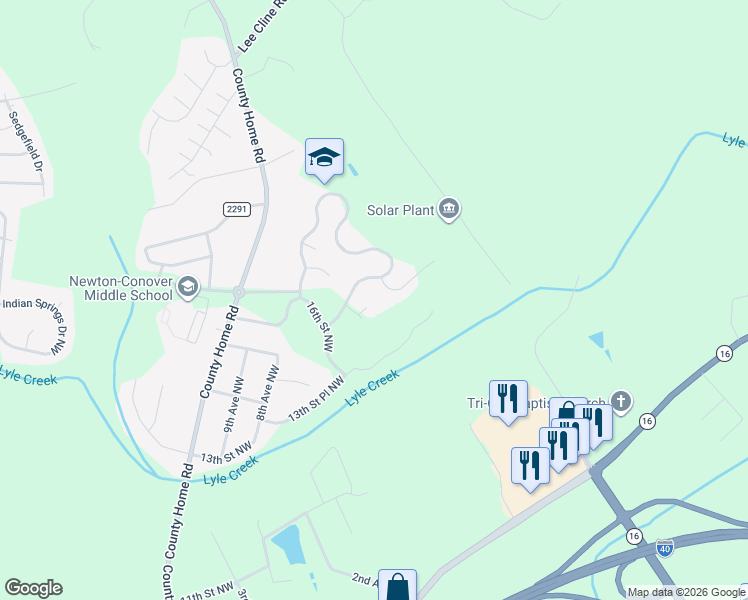 map of restaurants, bars, coffee shops, grocery stores, and more near Northern Dr NW in Conover