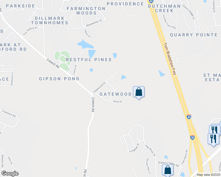 map of restaurants, bars, coffee shops, grocery stores, and more near 106 Forestwood Drive in Garner