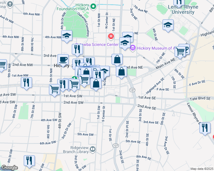 map of restaurants, bars, coffee shops, grocery stores, and more near 4 North Center Street in Hickory