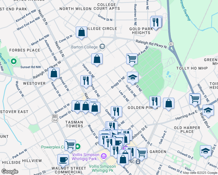 map of restaurants, bars, coffee shops, grocery stores, and more near 305 Bragg Street Northeast in Wilson