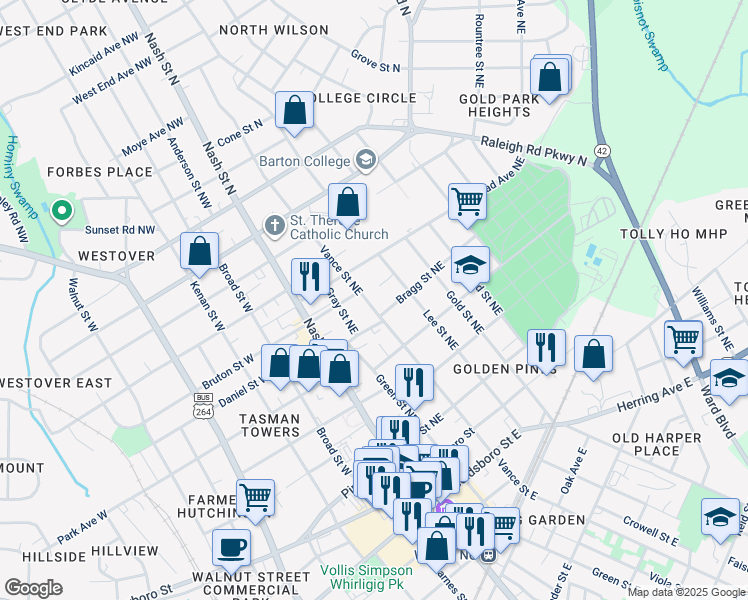 map of restaurants, bars, coffee shops, grocery stores, and more near 504 Vance Street Northeast in Wilson