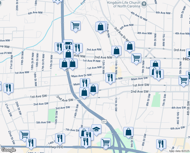 map of restaurants, bars, coffee shops, grocery stores, and more near 1243 Main Avenue Drive Northwest in Hickory