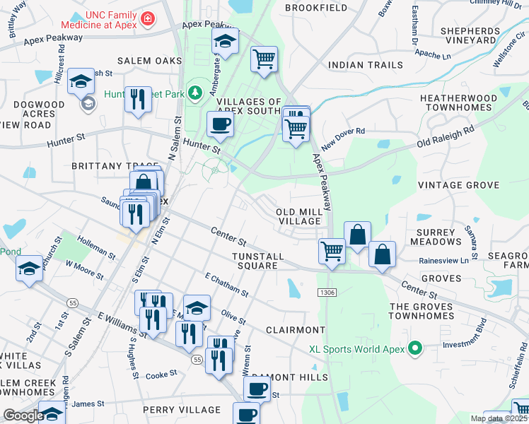 map of restaurants, bars, coffee shops, grocery stores, and more near 517 Old Mill Village Drive in Apex