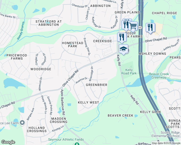map of restaurants, bars, coffee shops, grocery stores, and more near 112 Brierridge Drive in Apex