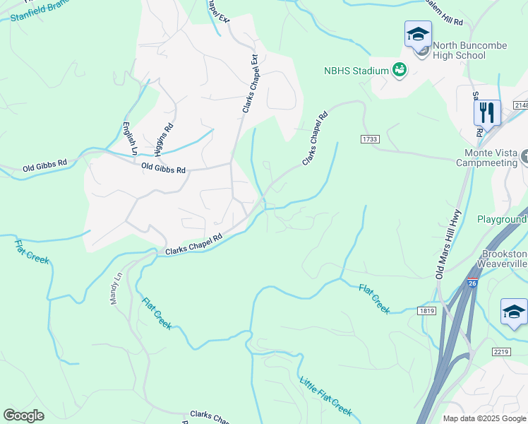 map of restaurants, bars, coffee shops, grocery stores, and more near 601 Clarks Chapel Road in Weaverville