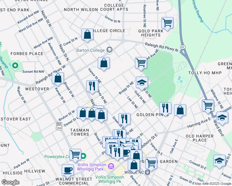 map of restaurants, bars, coffee shops, grocery stores, and more near 305 Bragg Street Northeast in Wilson