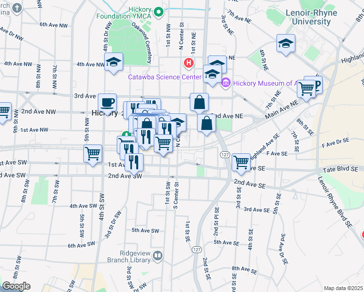 map of restaurants, bars, coffee shops, grocery stores, and more near 8 North Center Street in Hickory
