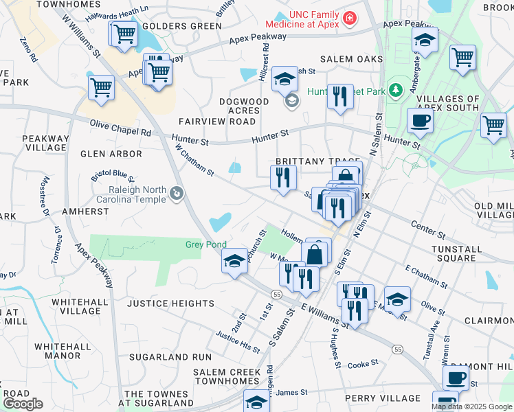map of restaurants, bars, coffee shops, grocery stores, and more near 501 West Chatham Street in Apex