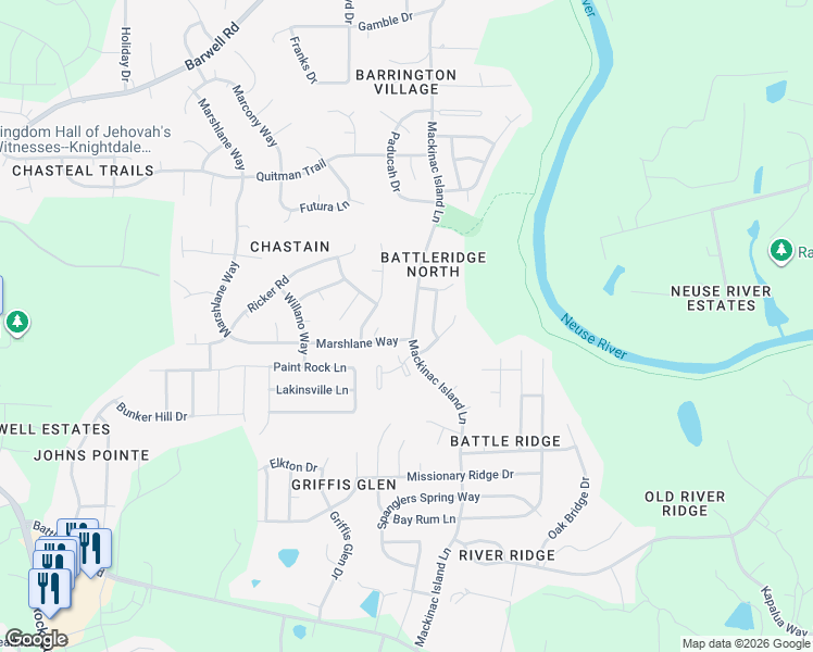 map of restaurants, bars, coffee shops, grocery stores, and more near 3801 Moncacy Court in Raleigh