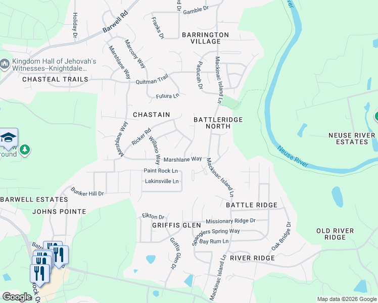 map of restaurants, bars, coffee shops, grocery stores, and more near 3766 Marshlane Way in Raleigh