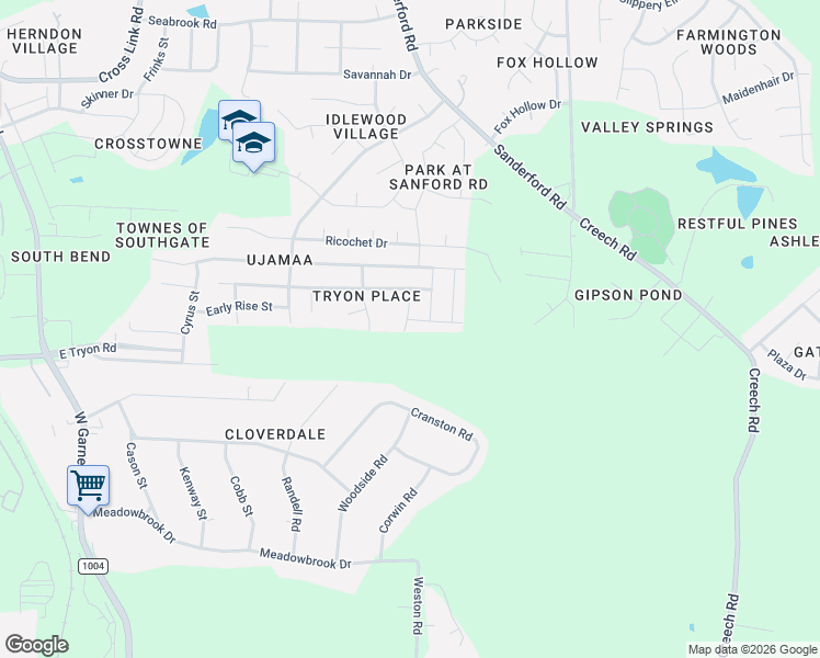 map of restaurants, bars, coffee shops, grocery stores, and more near 3652 Tule Spring Street in Raleigh