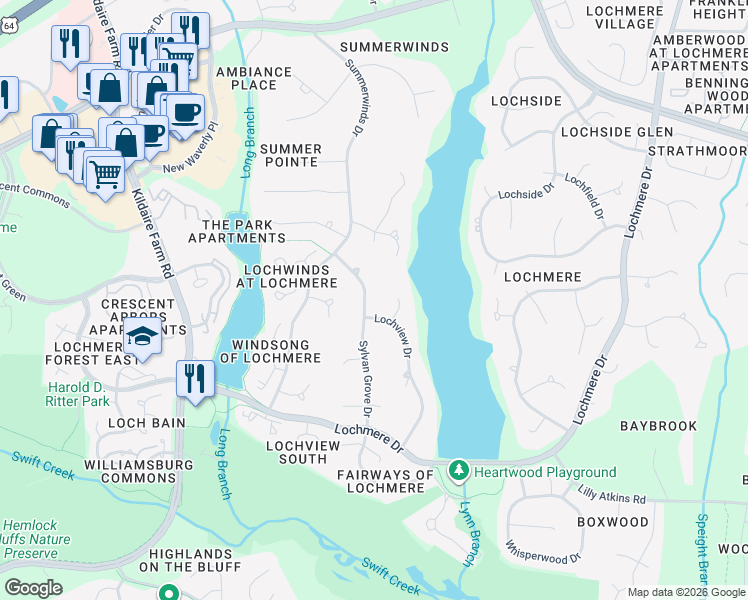 map of restaurants, bars, coffee shops, grocery stores, and more near 200 Sylvan Grove Drive in Cary