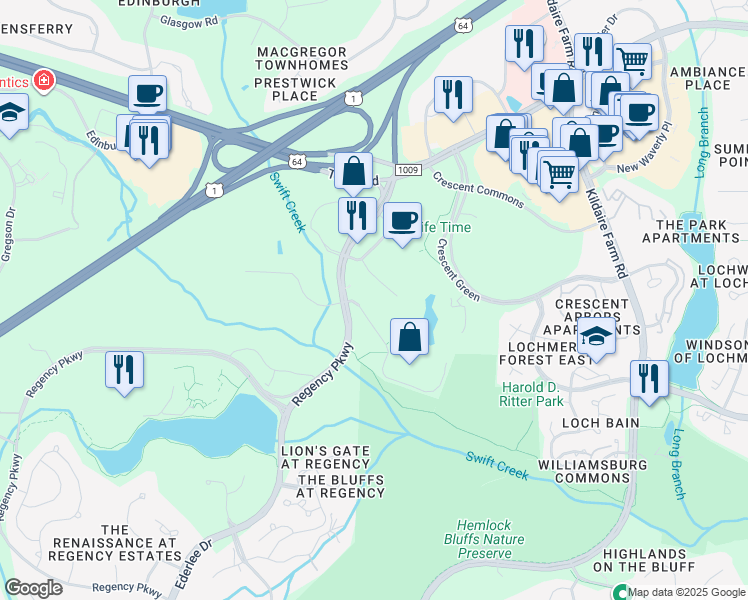 map of restaurants, bars, coffee shops, grocery stores, and more near 3700 Regency Parkway in Cary