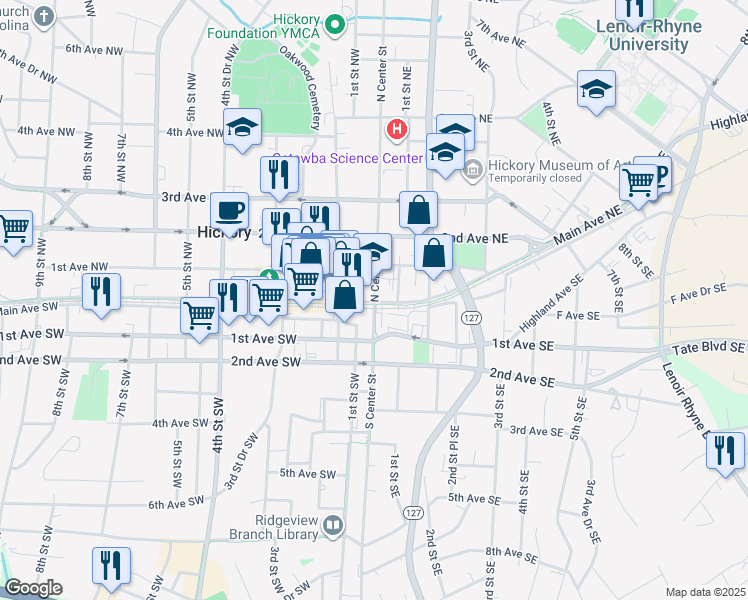 map of restaurants, bars, coffee shops, grocery stores, and more near 1 North Center Street in Hickory
