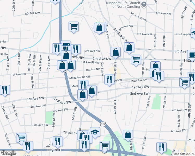 map of restaurants, bars, coffee shops, grocery stores, and more near 1220 Main Avenue Northwest in Hickory