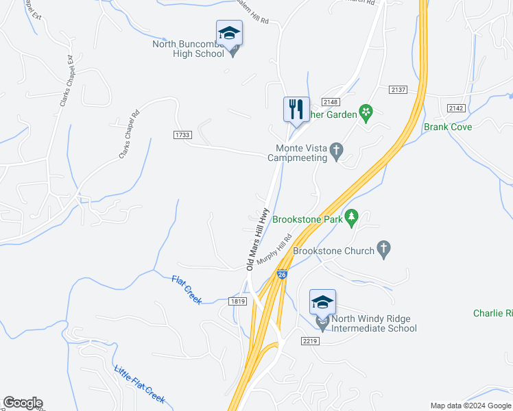 map of restaurants, bars, coffee shops, grocery stores, and more near 98 Old Mars Hill Highway in Weaverville