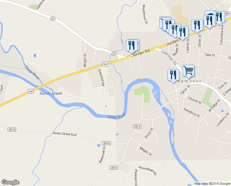 map of restaurants, bars, coffee shops, grocery stores, and more near 203 Mission Heights in Ramseur