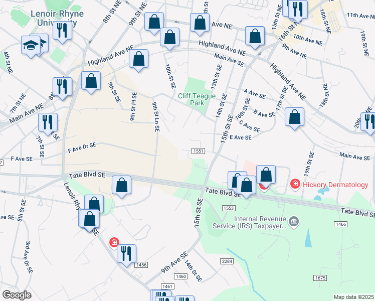 map of restaurants, bars, coffee shops, grocery stores, and more near State Road 1551 in Hickory