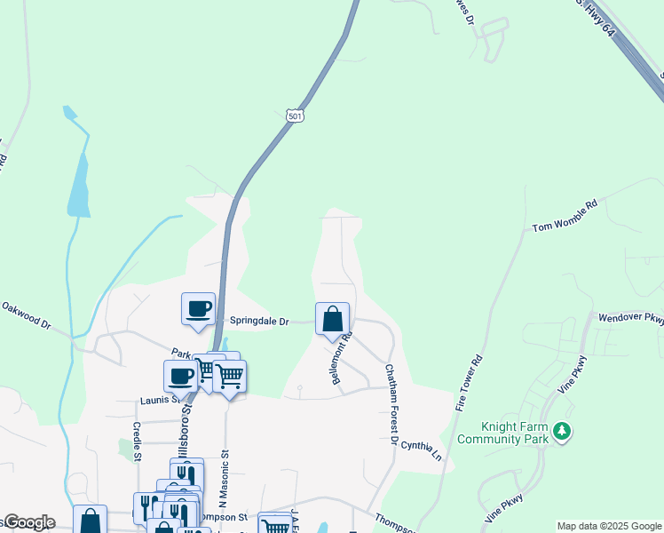 map of restaurants, bars, coffee shops, grocery stores, and more near 329 Bellemont Road in Pittsboro