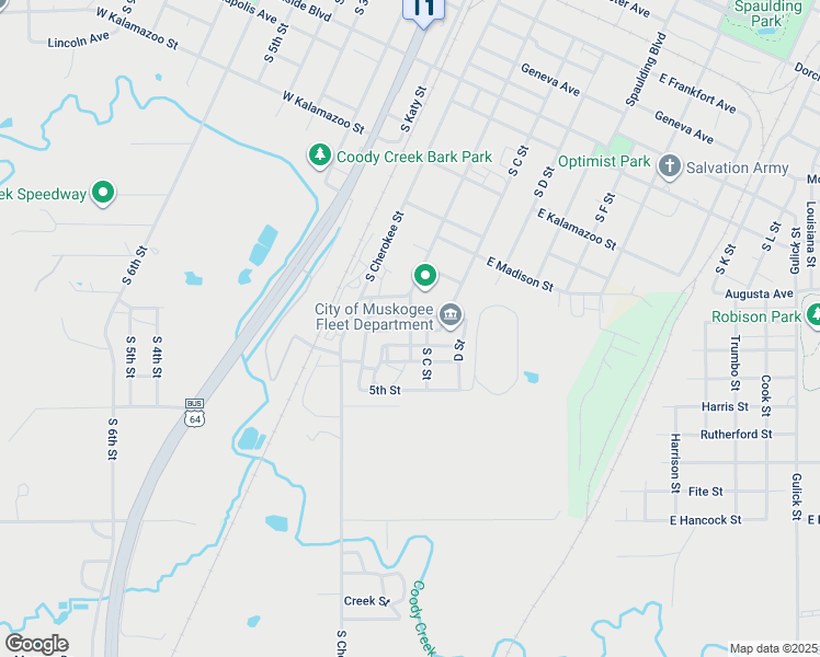map of restaurants, bars, coffee shops, grocery stores, and more near 2nd Street in Muskogee