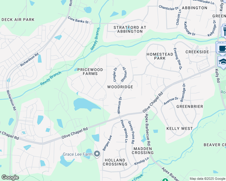 map of restaurants, bars, coffee shops, grocery stores, and more near 3012 Jehon Court in Apex