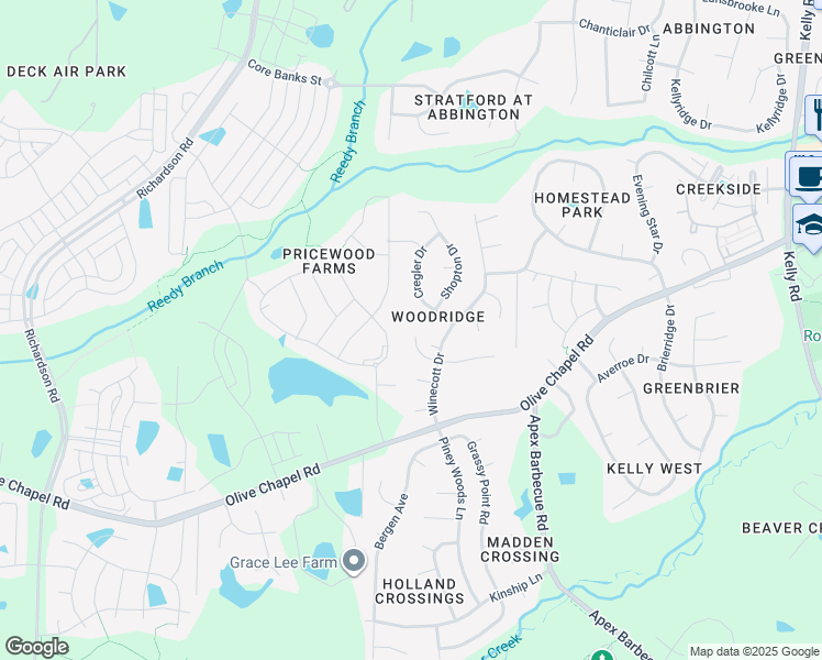 map of restaurants, bars, coffee shops, grocery stores, and more near 3012 Jehon Court in Apex