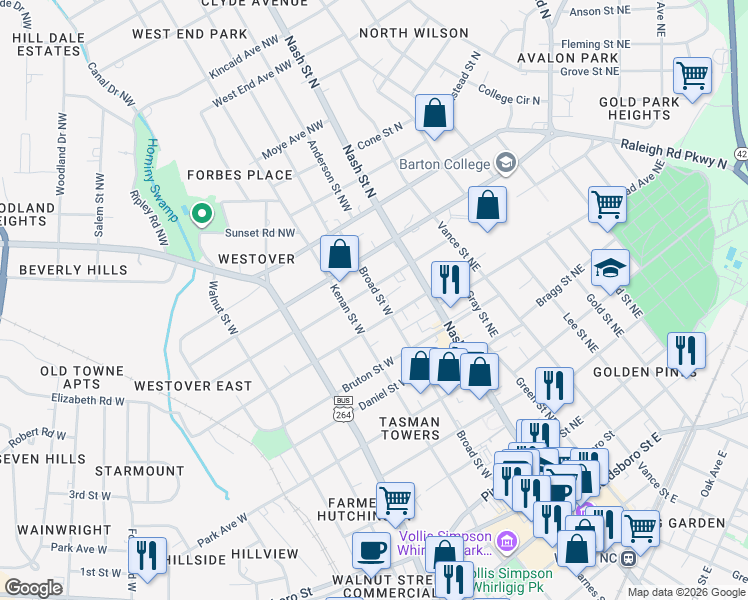 map of restaurants, bars, coffee shops, grocery stores, and more near 206 Warren Street West in Wilson