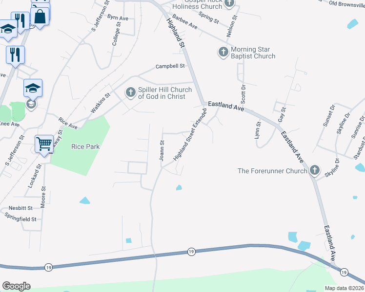map of restaurants, bars, coffee shops, grocery stores, and more near 308 Highland Street Extended in Ripley